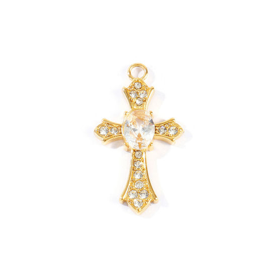 Picture of 2 PCs Eco-friendly PVD 304 Stainless Steel Religious Charms Wholesale 18K Real Gold Plated Cross Clear Rhinestone 23.5mm x 17mm