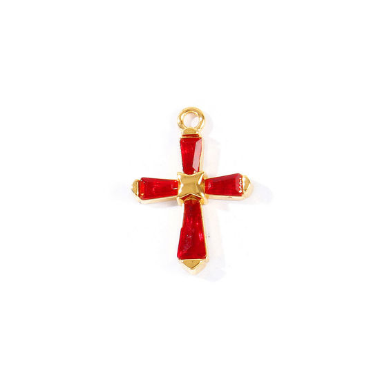 Picture of 2 PCs Eco-friendly PVD 304 Stainless Steel Religious Charms Wholesale 18K Real Gold Plated Cross Red Rhinestone 23.5mm x 17mm