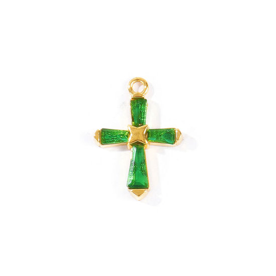 Picture of 2 PCs Eco-friendly PVD 304 Stainless Steel Religious Charms Wholesale 18K Real Gold Plated Cross Green Rhinestone 23.5mm x 17mm