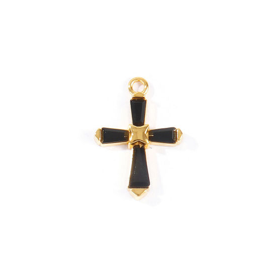 Picture of 2 PCs Eco-friendly PVD 304 Stainless Steel Religious Charms Wholesale 18K Real Gold Plated Cross Black Rhinestone 23.5mm x 17mm