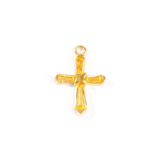 Picture of 2 PCs Eco-friendly PVD 304 Stainless Steel Religious Charms Wholesale 18K Real Gold Plated Cross Yellow Rhinestone 23.5mm x 17mm