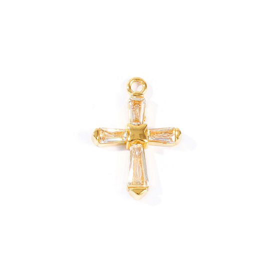Picture of 2 PCs Eco-friendly PVD 304 Stainless Steel Religious Charms Wholesale 18K Real Gold Plated Cross Clear Rhinestone 23.5mm x 17mm