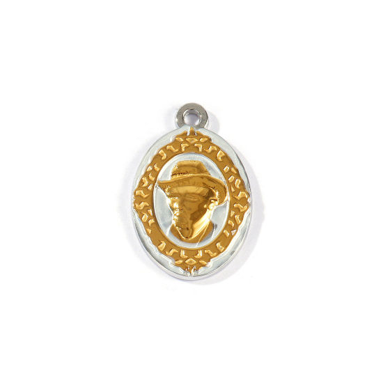 Picture of 2 PCs Eco-friendly PVD 304 Stainless Steel Charms Wholesale 18K Real Gold Plated & Silver Tone Oval Portrait Of Van Gogh Two Tone 29mm x 19mm