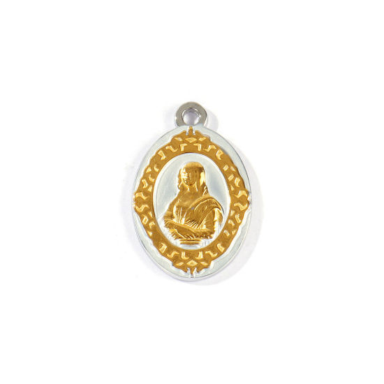Picture of 2 PCs Eco-friendly PVD 304 Stainless Steel Charms Wholesale 18K Real Gold Plated & Silver Tone Oval Portrait Of Mona Lisa Two Tone 29mm x 19mm