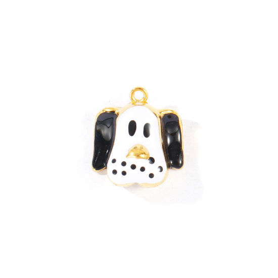 Picture of 2 PCs Eco-friendly PVD 304 Stainless Steel Charms Wholesale 18K Real Gold Plated Black & White Enamel Dog Animal 15.5mm x 14mm