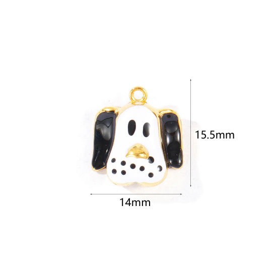 Picture of 2 PCs Eco-friendly PVD 304 Stainless Steel Charms Wholesale 18K Real Gold Plated Black & White Enamel Dog Animal 15.5mm x 14mm