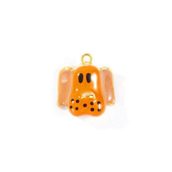 Picture of 2 PCs Eco-friendly PVD 304 Stainless Steel Charms Wholesale 18K Real Gold Plated Brown Enamel Dog Animal 15.5mm x 14mm