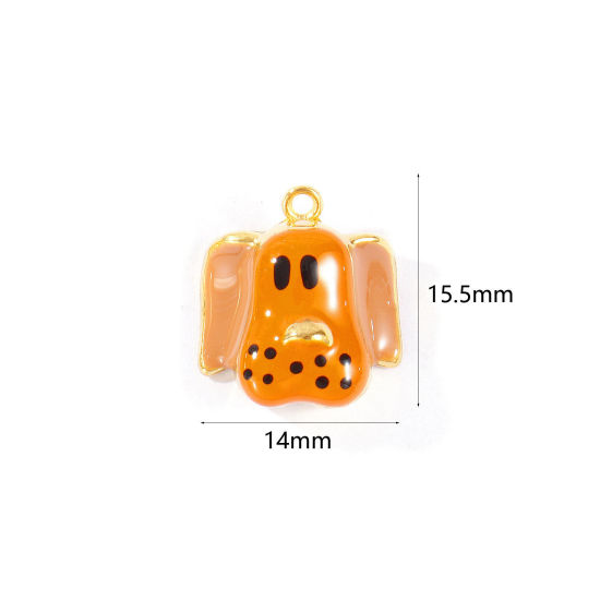Picture of 2 PCs Eco-friendly PVD 304 Stainless Steel Charms Wholesale 18K Real Gold Plated Brown Enamel Dog Animal 15.5mm x 14mm