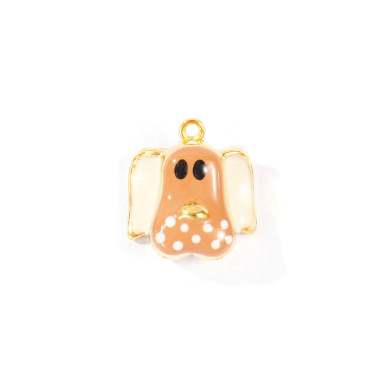 Picture of 2 PCs Eco-friendly PVD 304 Stainless Steel Charms Wholesale 18K Real Gold Plated Light Brown Enamel Dog Animal 15.5mm x 14mm