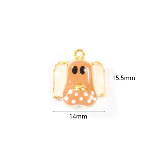 Picture of 2 PCs Eco-friendly PVD 304 Stainless Steel Charms Wholesale 18K Real Gold Plated Light Brown Enamel Dog Animal 15.5mm x 14mm