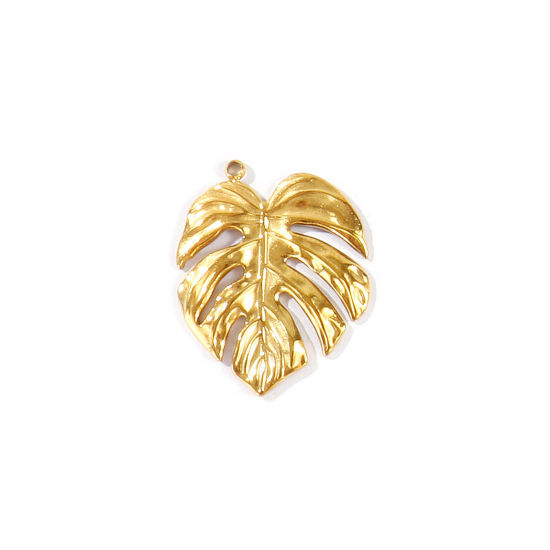 Immagine di 2 Pz PVD Ecologica 304 Acciaio Inossidabile Ciondoli All'Ingrosso Placcato Oro 18K Foglia di Monstera 26mm x 21.5mm