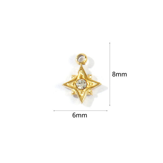Picture of 1 Piece Eco-friendly PVD 304 Stainless Steel Galaxy Charms Wholesale 18K Real Gold Plated Star Mini Clear Cubic Zirconia 8mm x 6mm