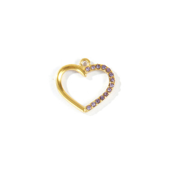 Picture of 1 Piece Eco-friendly PVD 304 Stainless Steel Valentine's Day Charms Wholesale 18K Real Gold Plated Heart Hollow Mauve Cubic Zirconia 16mm x 15mm