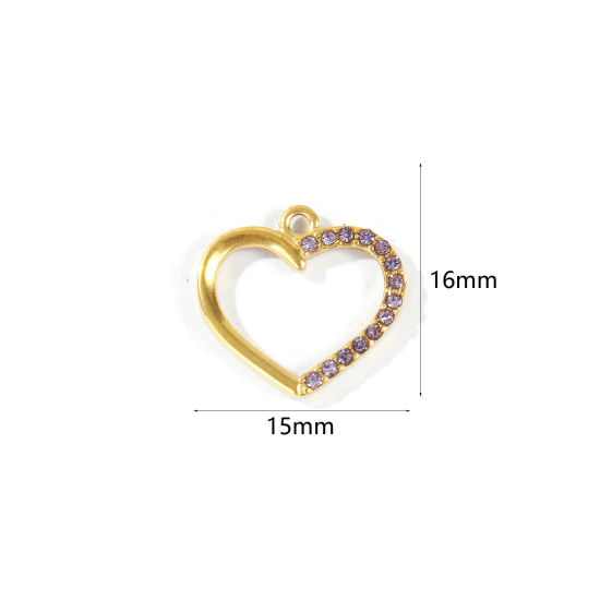 Picture of 1 Piece Eco-friendly PVD 304 Stainless Steel Valentine's Day Charms Wholesale 18K Real Gold Plated Heart Hollow Mauve Cubic Zirconia 16mm x 15mm