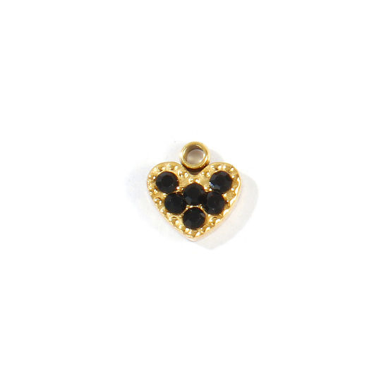 Picture of 1 Piece Eco-friendly PVD 304 Stainless Steel Valentine's Day Charms Wholesale 18K Real Gold Plated Heart Mini Black Cubic Zirconia 6mm x 6mm
