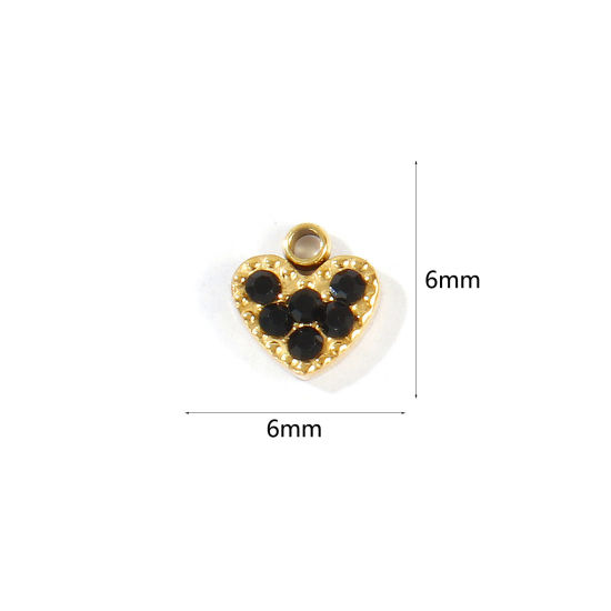 Picture of 1 Piece Eco-friendly PVD 304 Stainless Steel Valentine's Day Charms Wholesale 18K Real Gold Plated Heart Mini Black Cubic Zirconia 6mm x 6mm
