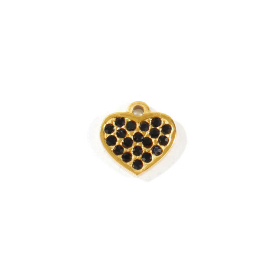 Picture of 1 Piece Eco-friendly PVD 304 Stainless Steel Valentine's Day Charms Wholesale 18K Real Gold Plated Heart Mini Black Cubic Zirconia 9mm x 9mm