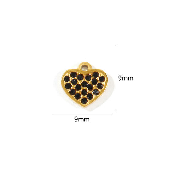 Picture of 1 Piece Eco-friendly PVD 304 Stainless Steel Valentine's Day Charms Wholesale 18K Real Gold Plated Heart Mini Black Cubic Zirconia 9mm x 9mm