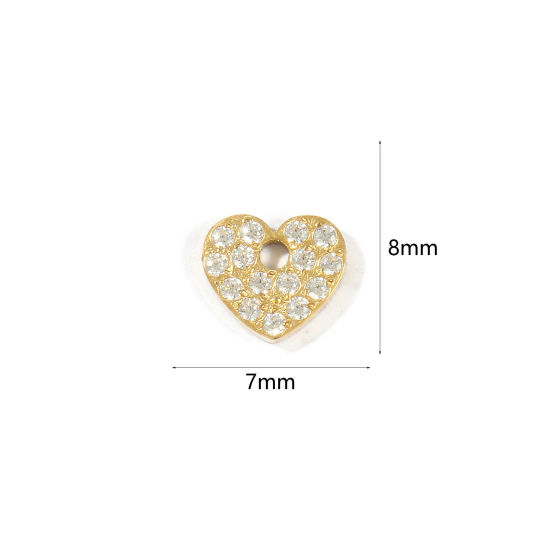 Picture of 1 Piece Eco-friendly PVD 304 Stainless Steel Valentine's Day Charms Wholesale 18K Real Gold Plated Heart Mini Clear Cubic Zirconia 8mm x 7mm