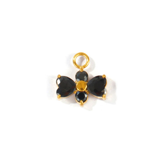 Picture of 1 Piece Eco-friendly PVD 304 Stainless Steel Valentine's Day Charms Wholesale 18K Real Gold Plated Bowknot Black Cubic Zirconia 13mm x 12mm
