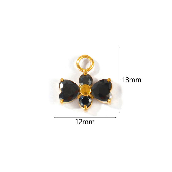 Picture of 1 Piece Eco-friendly PVD 304 Stainless Steel Valentine's Day Charms Wholesale 18K Real Gold Plated Bowknot Black Cubic Zirconia 13mm x 12mm