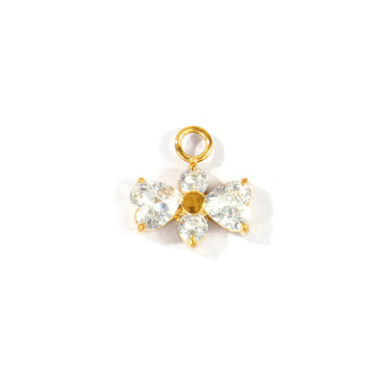 Picture of 1 Piece Eco-friendly PVD 304 Stainless Steel Valentine's Day Charms Wholesale 18K Real Gold Plated Bowknot Clear Cubic Zirconia 13mm x 12mm
