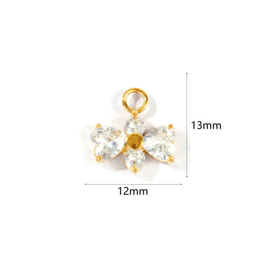 Picture of 1 Piece Eco-friendly PVD 304 Stainless Steel Valentine's Day Charms Wholesale 18K Real Gold Plated Bowknot Clear Cubic Zirconia 13mm x 12mm