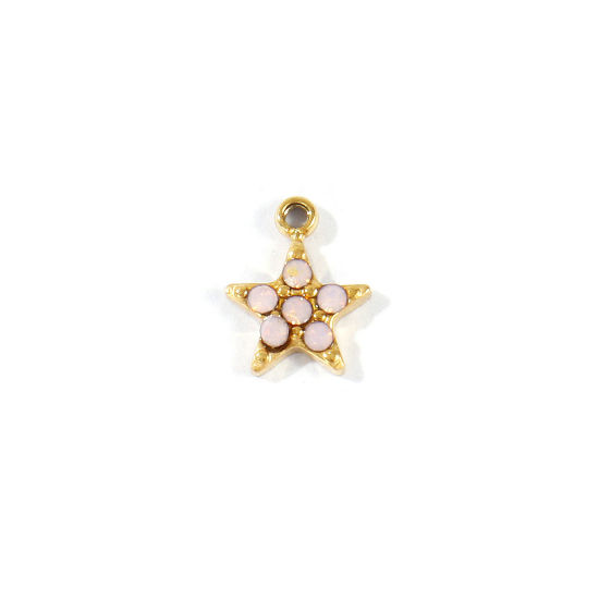 Picture of 1 Piece Eco-friendly PVD 304 Stainless Steel Galaxy Charms Wholesale 18K Real Gold Plated Pentagram Star Mini Light Pink Cubic Zirconia 8mm x 6mm