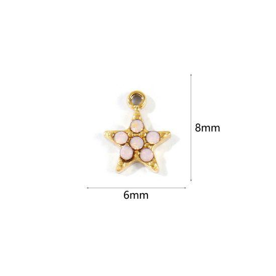 Picture of 1 Piece Eco-friendly PVD 304 Stainless Steel Galaxy Charms Wholesale 18K Real Gold Plated Pentagram Star Mini Light Pink Cubic Zirconia 8mm x 6mm