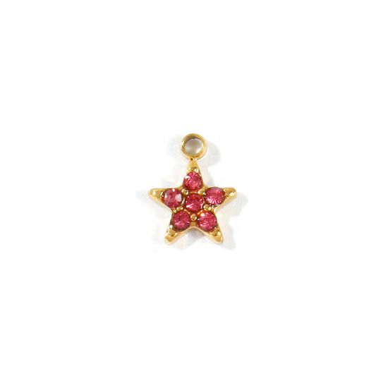 Picture of 1 Piece Eco-friendly PVD 304 Stainless Steel Galaxy Charms Wholesale 18K Real Gold Plated Pentagram Star Mini Pink Cubic Zirconia 8mm x 6mm