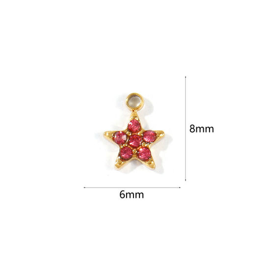 Picture of 1 Piece Eco-friendly PVD 304 Stainless Steel Galaxy Charms Wholesale 18K Real Gold Plated Pentagram Star Mini Pink Cubic Zirconia 8mm x 6mm
