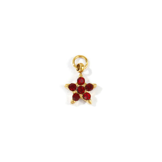 Picture of 1 Piece Eco-friendly PVD 304 Stainless Steel Galaxy Charms Wholesale 18K Real Gold Plated Pentagram Star Mini Wine Red Cubic Zirconia 10mm x 6mm