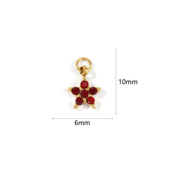 Picture of 1 Piece Eco-friendly PVD 304 Stainless Steel Galaxy Charms Wholesale 18K Real Gold Plated Pentagram Star Mini Wine Red Cubic Zirconia 10mm x 6mm