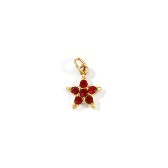 Picture of 1 Piece Eco-friendly PVD 304 Stainless Steel Galaxy Charms Wholesale 18K Real Gold Plated Pentagram Star Mini Wine Red Cubic Zirconia 10mm x 6mm