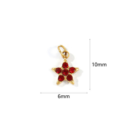 Picture of 1 Piece Eco-friendly PVD 304 Stainless Steel Galaxy Charms Wholesale 18K Real Gold Plated Pentagram Star Mini Wine Red Cubic Zirconia 10mm x 6mm
