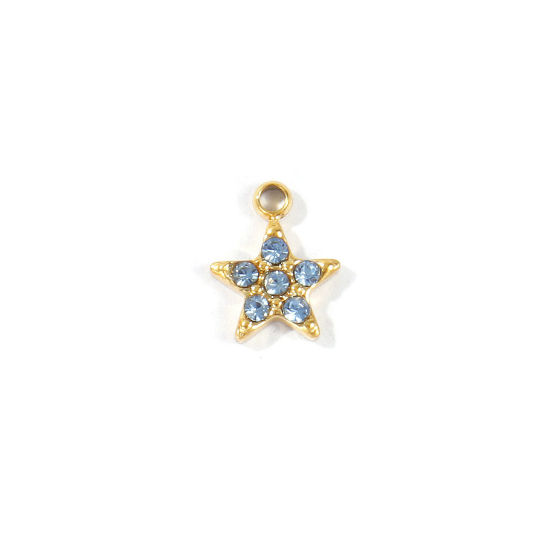 Picture of 1 Piece Eco-friendly PVD 304 Stainless Steel Galaxy Charms Wholesale 18K Real Gold Plated Pentagram Star Mini Light Blue Cubic Zirconia 8mm x 6mm
