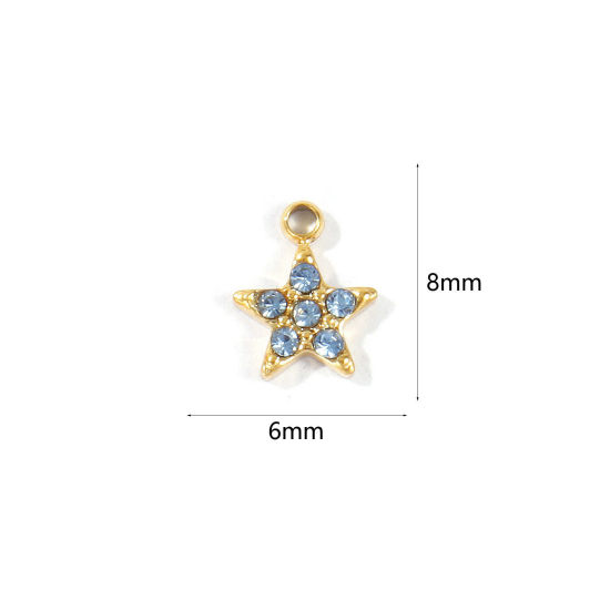 Picture of 1 Piece Eco-friendly PVD 304 Stainless Steel Galaxy Charms Wholesale 18K Real Gold Plated Pentagram Star Mini Light Blue Cubic Zirconia 8mm x 6mm