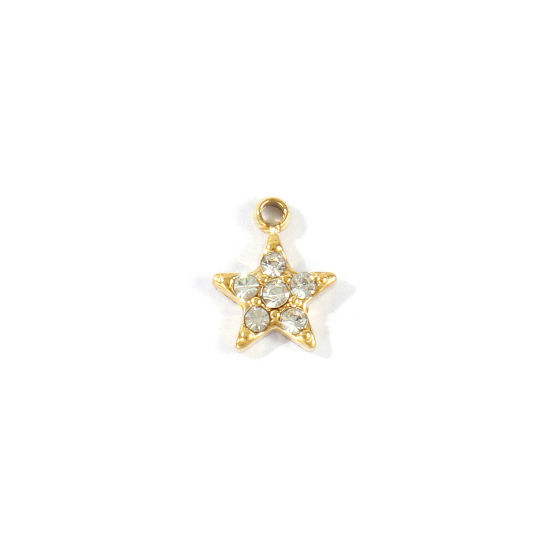 Picture of 1 Piece Eco-friendly PVD 304 Stainless Steel Galaxy Charms Wholesale 18K Real Gold Plated Pentagram Star Mini Clear Cubic Zirconia 8mm x 6mm