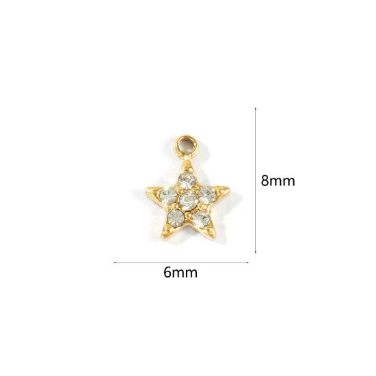Picture of 1 Piece Eco-friendly PVD 304 Stainless Steel Galaxy Charms Wholesale 18K Real Gold Plated Pentagram Star Mini Clear Cubic Zirconia 8mm x 6mm