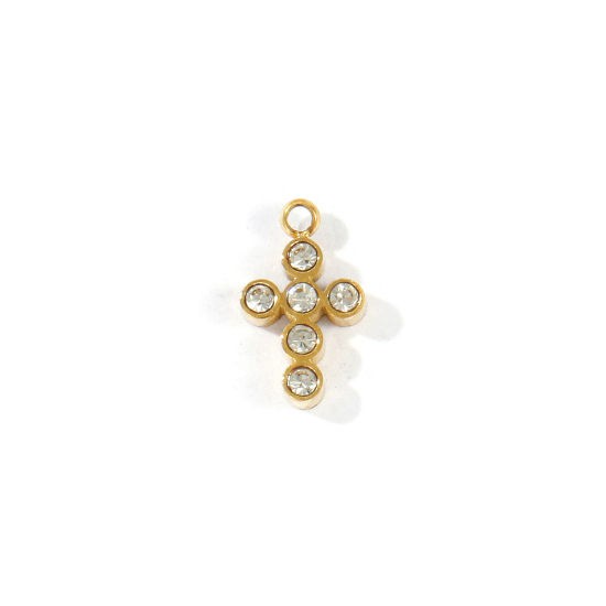 Picture of 1 Piece Eco-friendly PVD 304 Stainless Steel Religious Charms Wholesale 18K Real Gold Plated Cross Mini Clear Cubic Zirconia 10mm x 6mm