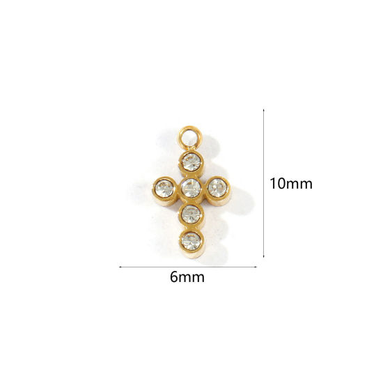 Picture of 1 Piece Eco-friendly PVD 304 Stainless Steel Religious Charms Wholesale 18K Real Gold Plated Cross Mini Clear Cubic Zirconia 10mm x 6mm