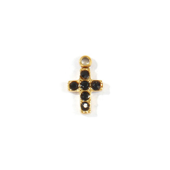 Picture of 1 Piece Eco-friendly PVD 304 Stainless Steel Religious Charms Wholesale 18K Real Gold Plated Cross Mini Black Cubic Zirconia 9mm x 5mm