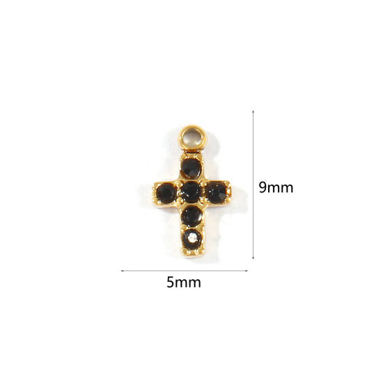 Picture of 1 Piece Eco-friendly PVD 304 Stainless Steel Religious Charms Wholesale 18K Real Gold Plated Cross Mini Black Cubic Zirconia 9mm x 5mm
