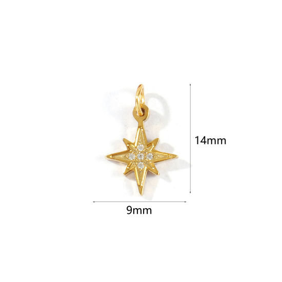 Picture of 1 Piece Eco-friendly PVD 304 Stainless Steel Galaxy Charms Wholesale 18K Real Gold Plated Star Mini Clear Cubic Zirconia 14mm x 9mm