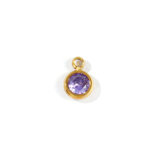 Picture of 1 Piece Eco-friendly PVD 304 Stainless Steel Geometric Charms Wholesale 18K Real Gold Plated Round Mini Purple Cubic Zirconia 6mm x 4mm