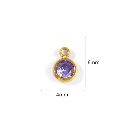 Picture of 1 Piece Eco-friendly PVD 304 Stainless Steel Geometric Charms Wholesale 18K Real Gold Plated Round Mini Purple Cubic Zirconia 6mm x 4mm