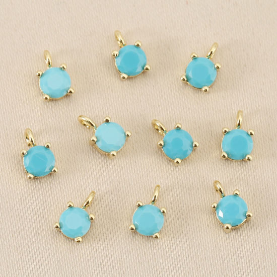 Bild von 5 Stück Messing Charms Großhandel 18K Echtgold plattiert Rund Mini Blau Kubischer Zirkon 4mm Dia