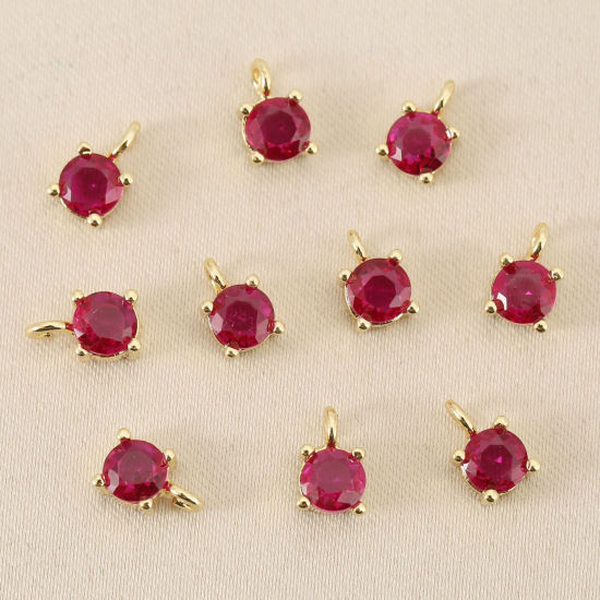 Bild von 5 Stück Messing Charms Großhandel 18K Echtgold plattiert Rund Mini Rot Kubischer Zirkon 4mm Dia