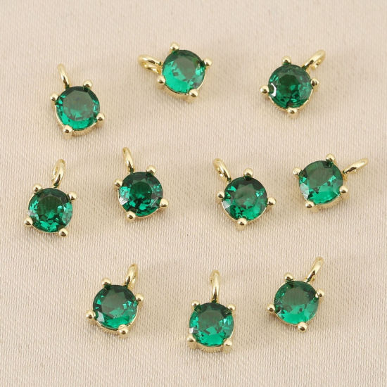 Bild von 5 Stück Messing Charms Großhandel 18K Echtgold plattiert Rund Mini Grün Kubischer Zirkon 4mm Dia