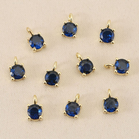 Bild von 5 Stück Messing Charms Großhandel 18K Echtgold plattiert Rund Mini Knallblau Kubischer Zirkon 4mm Dia